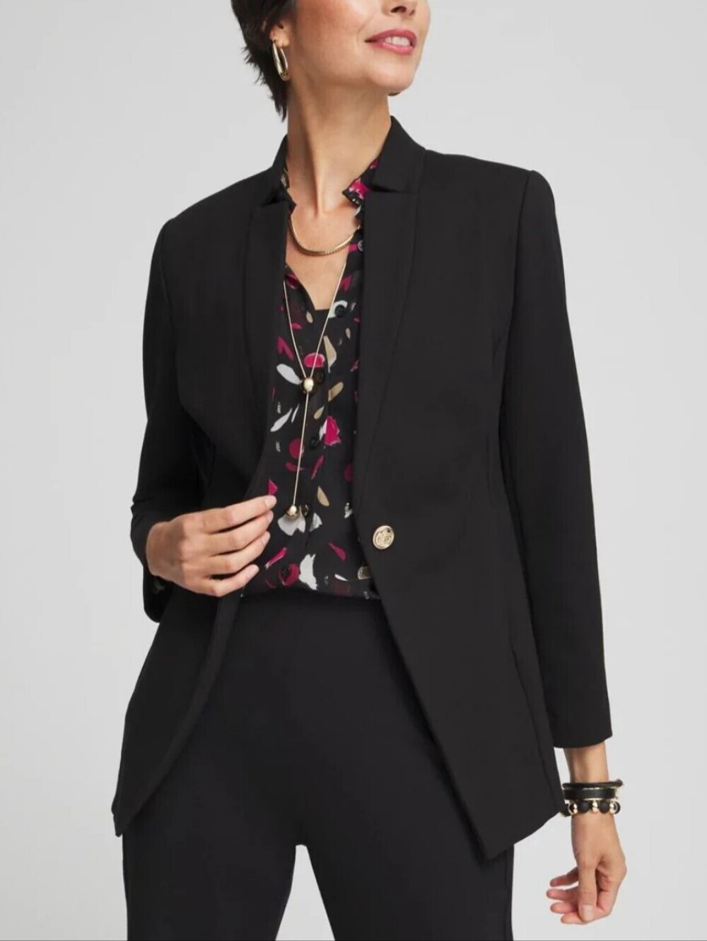 Chico's Women size 8 (1) Black Single Button Long Sleeve Blazer Stretchy Jacket